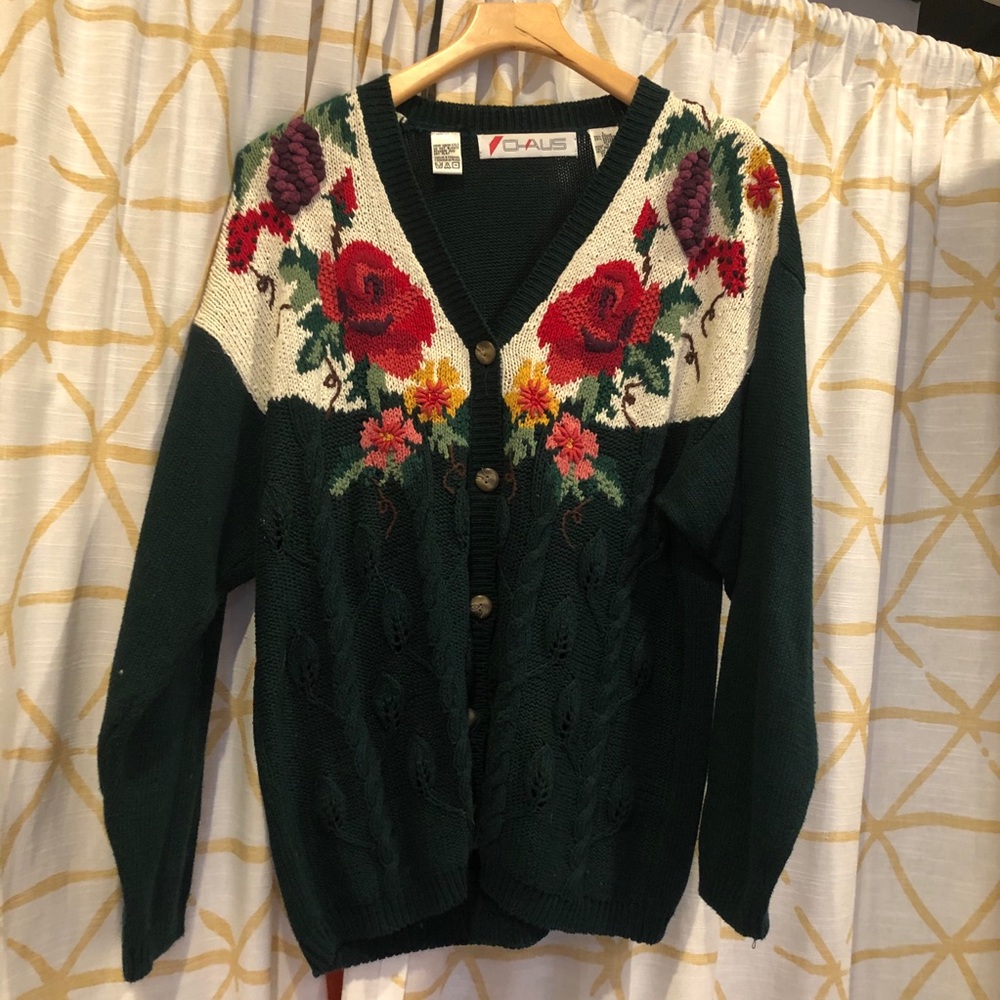 Chunky Green Floral Grandma Sweater Cardigan